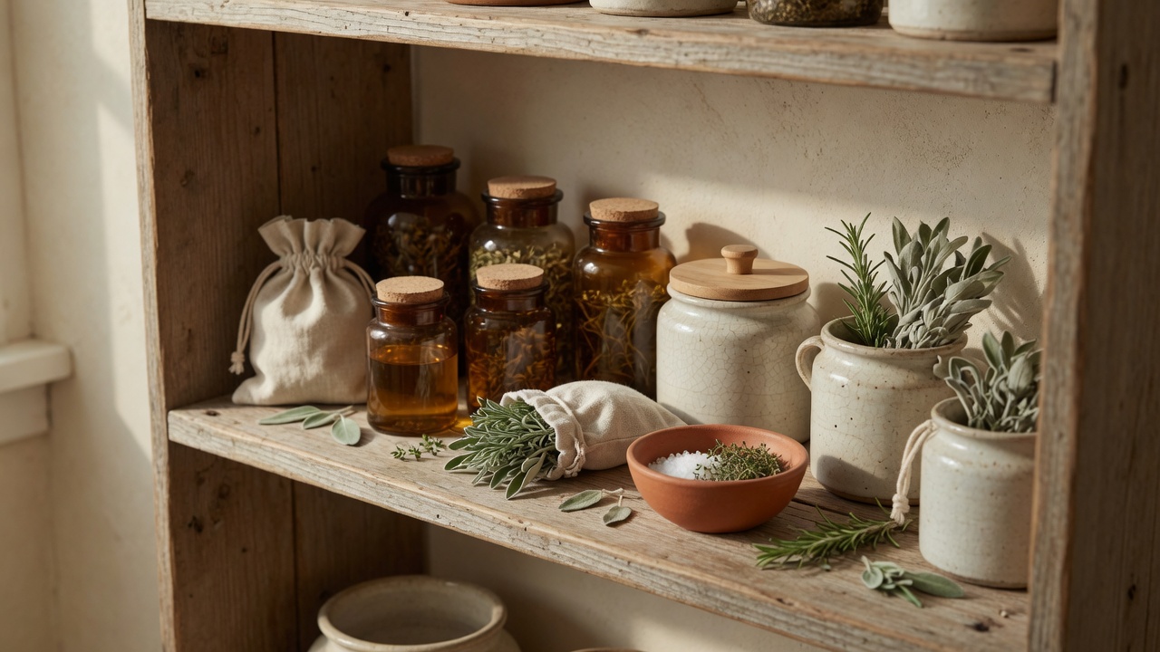 Homemade pantry jars and herbs