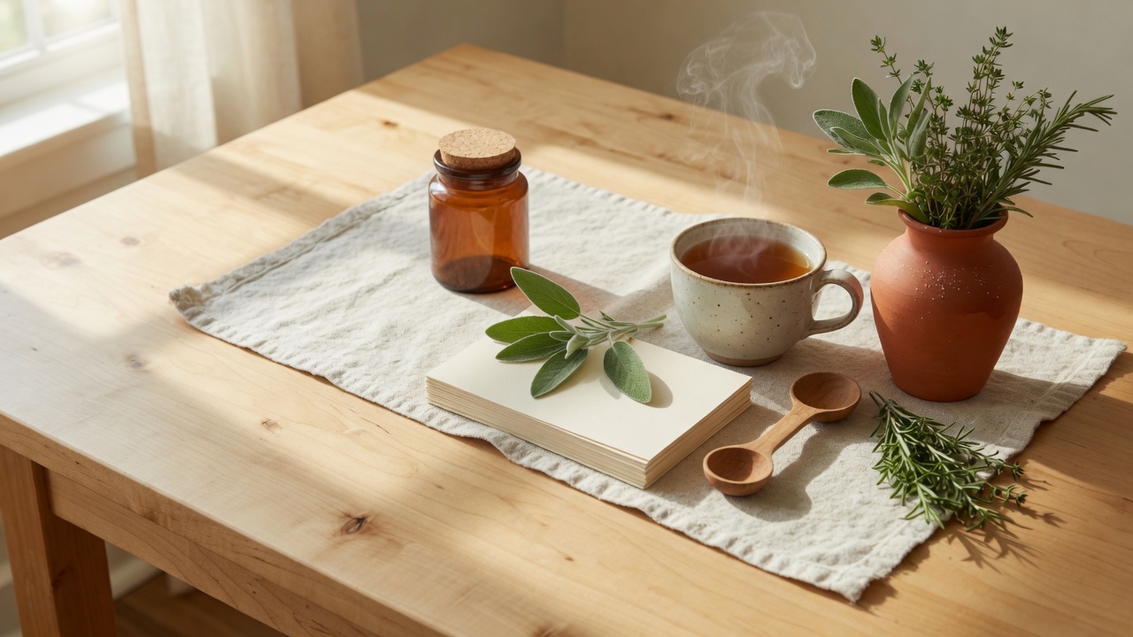 Sage kitchen desk with tea and recipe cards