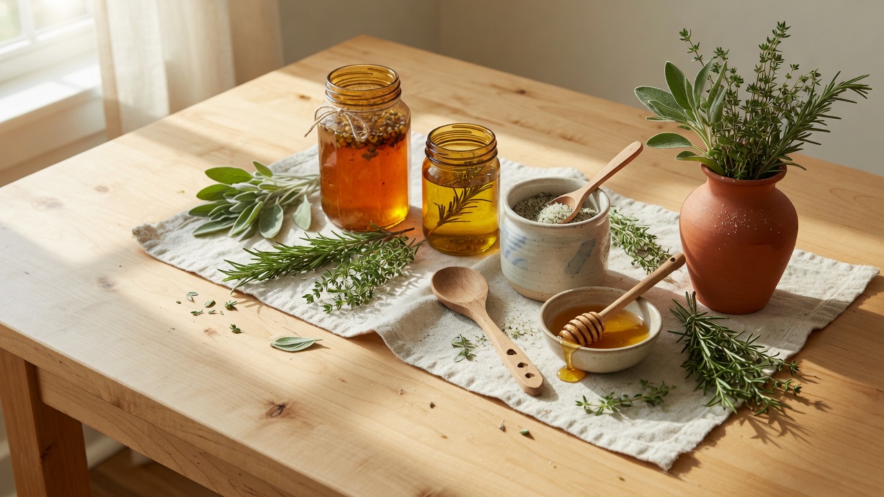 Handmade kitchen table with jars, herb salt, and fresh herbs