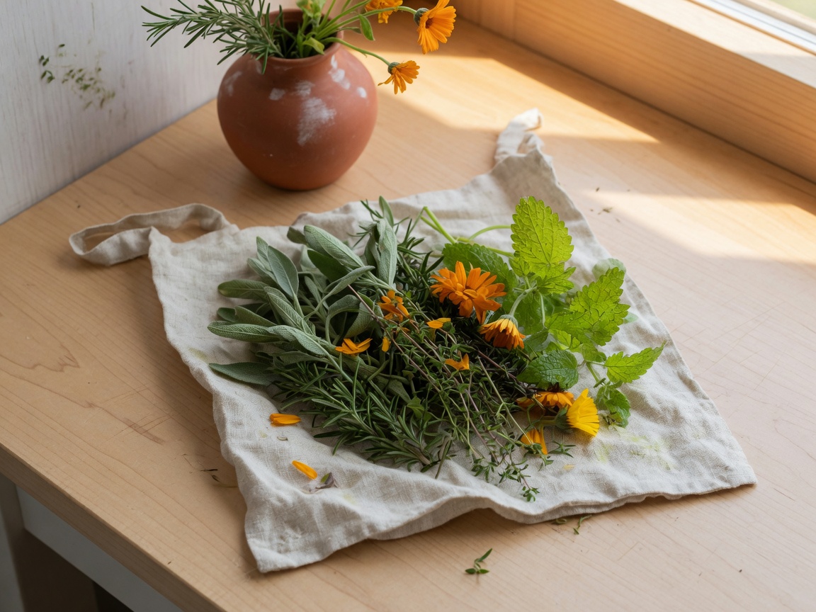 Fresh herb harvest on linen
