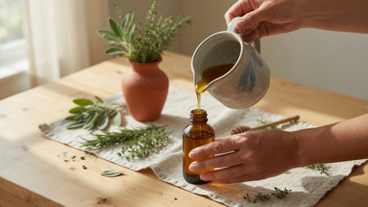 Hands pouring homemade oil