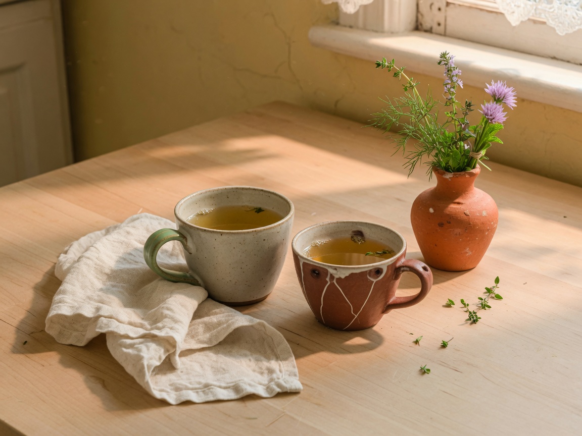 Two handmade teacups on a maple table